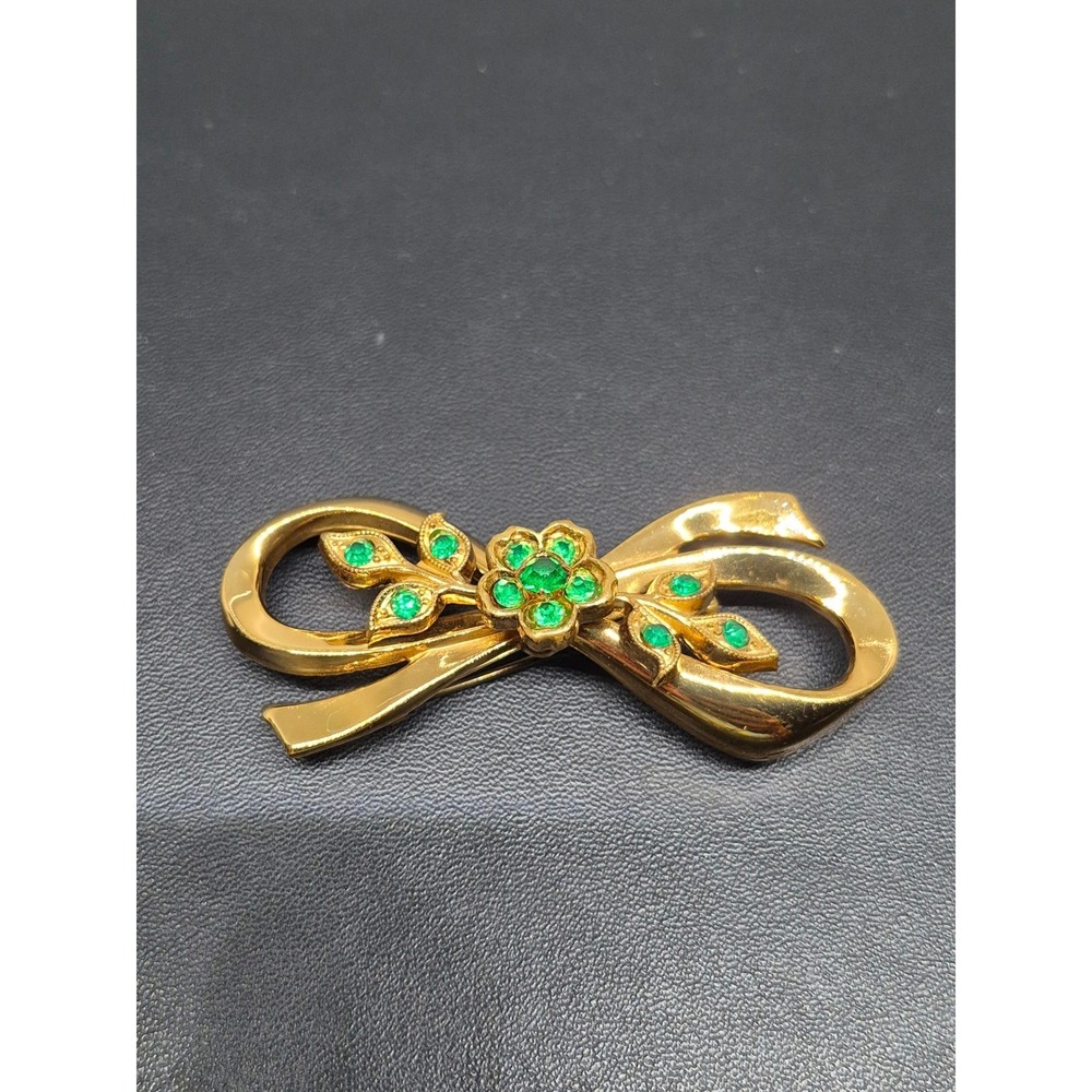Vintage Coro Brooch Woman Gold Green Rhinestone Flower Bow Pin Accessory